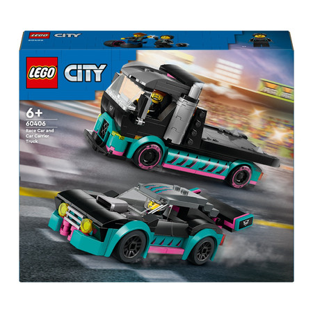 LEGO City 2x Samochód, Auto Wyścigowe Sportowe Laweta Tir Transporter 60406