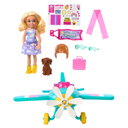Barbie Chelsea Samolot Zestaw Lalka Piesek Naklejki HTK38