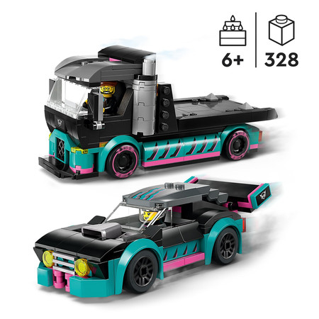 LEGO City 2x Samochód, Auto Wyścigowe Sportowe Laweta Tir Transporter 60406